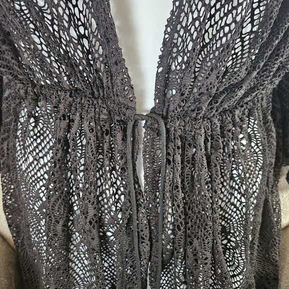 Time & Tru 3X Tie-Front Crochet Cardigan Black Bell Ruffle Sleeve Classic B-2299 - Picture 7 of 8